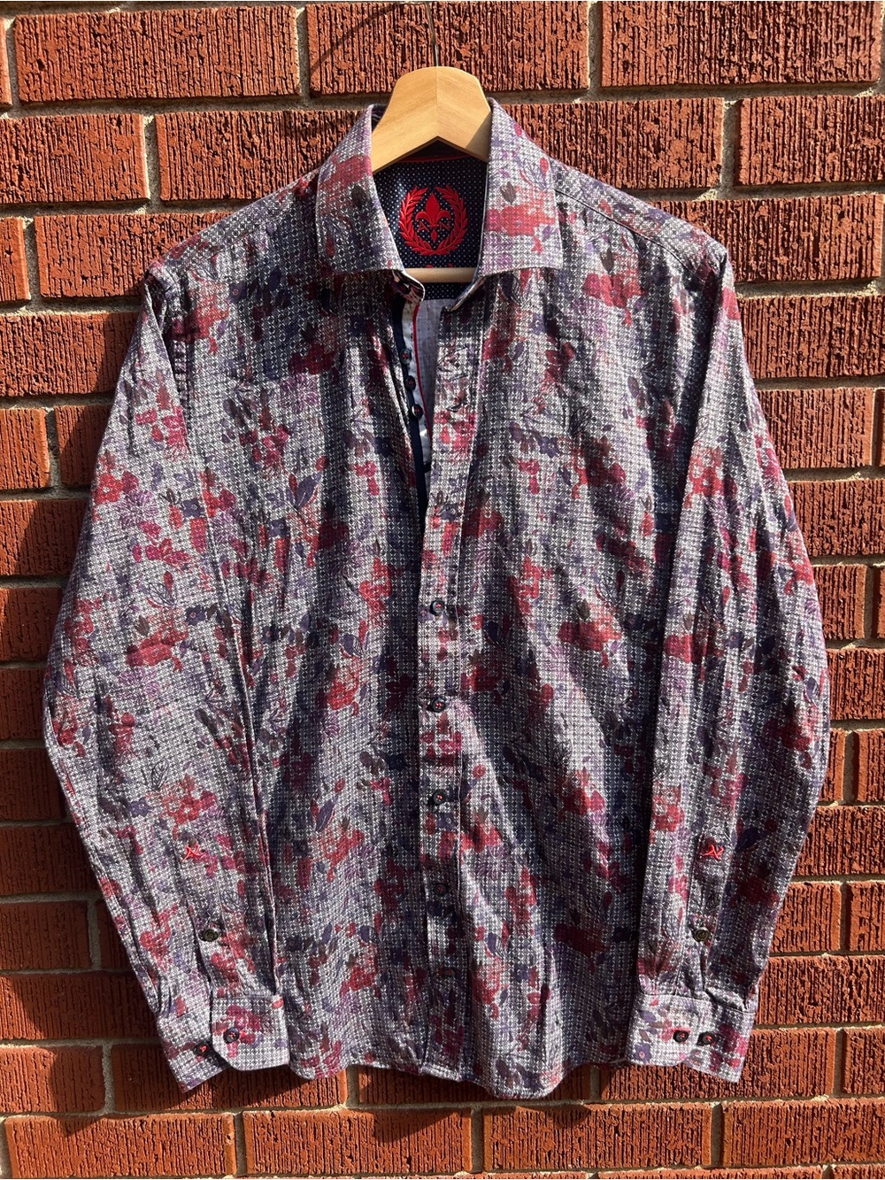 Au Noir Men’s Floral Geometric Dress Shirt Grey Burgundy Long Sleeve Medium